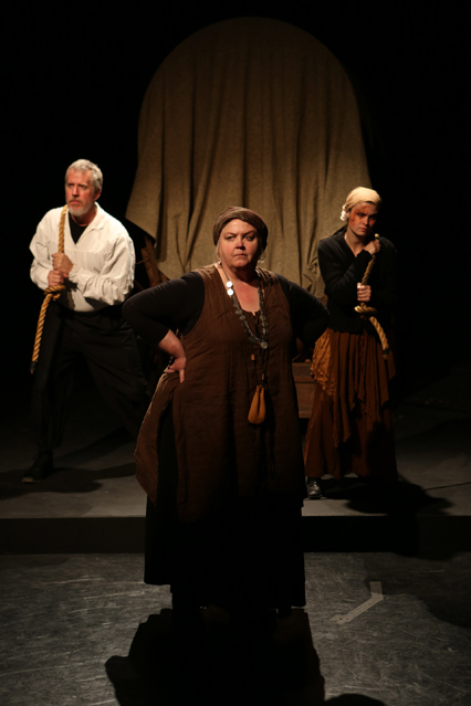David Morden as The Chaplain, Cynthia Meier as Mother Courage and Dylan Page as Kattrin