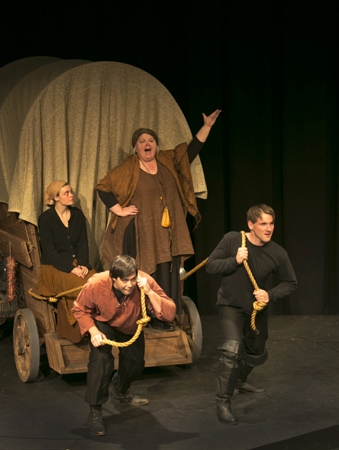 Dylan Page as Kattrin, Cynthia Meier as Mother Courage, Matt Bowdren as Swiss Cheese and Christopher Johnson as Eilif