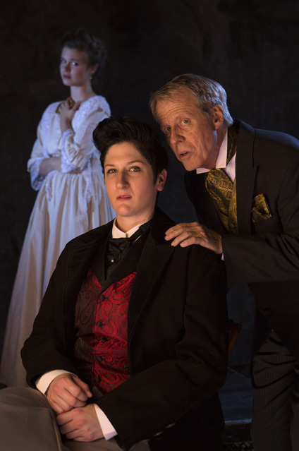 Dylan Page as Sibyl Vane, Dani Dryer as Dorian Gray and Joseph McGrath as Lord Henry Wotton