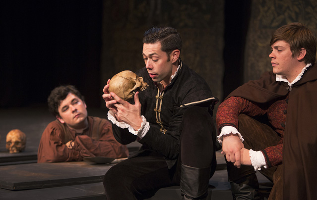 Kainon Bachtel as the Gravedigger, Matt Bowdren as Hamlet and Connor Foster as Horatio