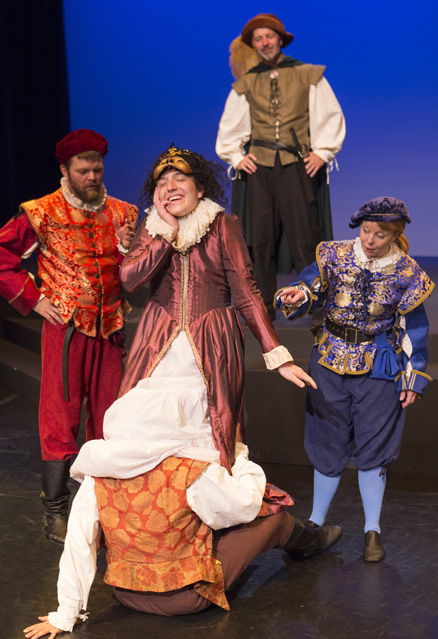 Eric Du and Griffin Johnston as the Players, with Ryan Parker Knox as Guildenstern, David Greenwood as the Player King and Patty Gallagher as Rosencrantz