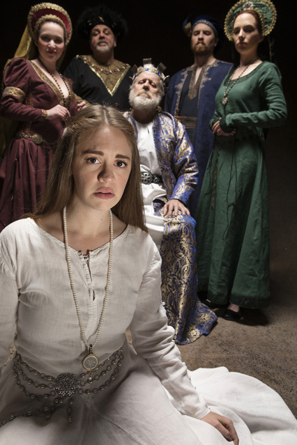 Holly Griffith as Cordelia, Bryn Booth as Regan, David Weynand as Duke of Cornwall, Joe McGrath as King Lear, Aaron Shand as Duke of Albany, and Kate Cannon as Goneril