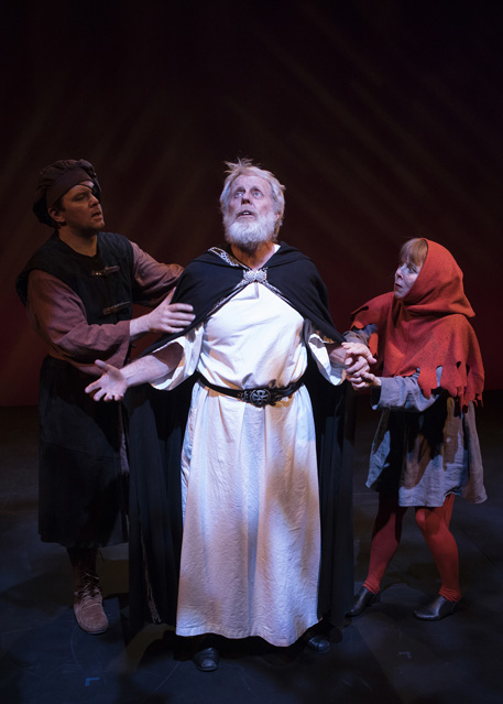 Ryan Parker Knox as Earl of Kent, Joseph McGrath as King Lear and Patty Gallagher as The Fool