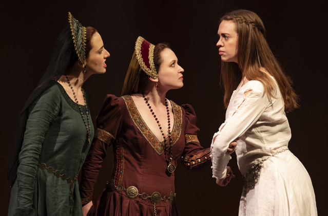 Kate Cannon as Goneril, Bryn Booth as Regan and Holly Griffith as Cordelia