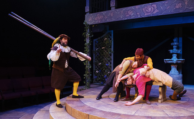 'Are you good men and true?' Matt Walley as Dogberry, Cole Potwardowski as Seacoal, and Sarah Shannon and Christopher Pankratz as members of the Watch