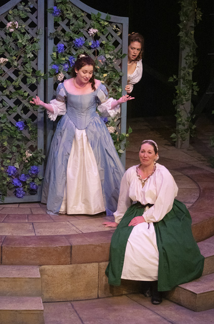 'But Nature never framed a woman's heart Of prouder stuff than that of Beatrice.' Bryn Booth as Hero, Sarah Shannon as Ursula and Holly Griffth as Beatrice