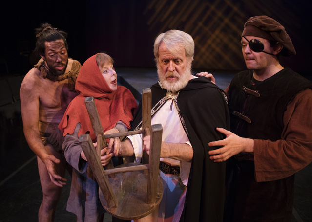 Matt Bowdren as Edgar, Patty Gallagher as The Fool, Joseph McGrath as King Lear and Ryan Parker Knox as Earl of Kent